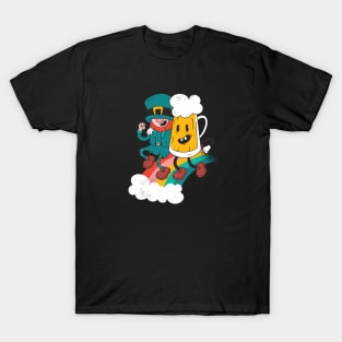 Leprechaun and Beer Mug Dancing on a Rainbow T-Shirt